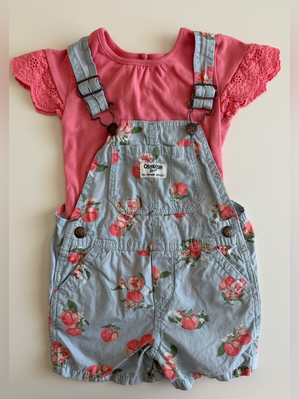 OshKosh B'gosh Girls 3T Pink Embroidered Tee with Light Blue Peach Shortall Set